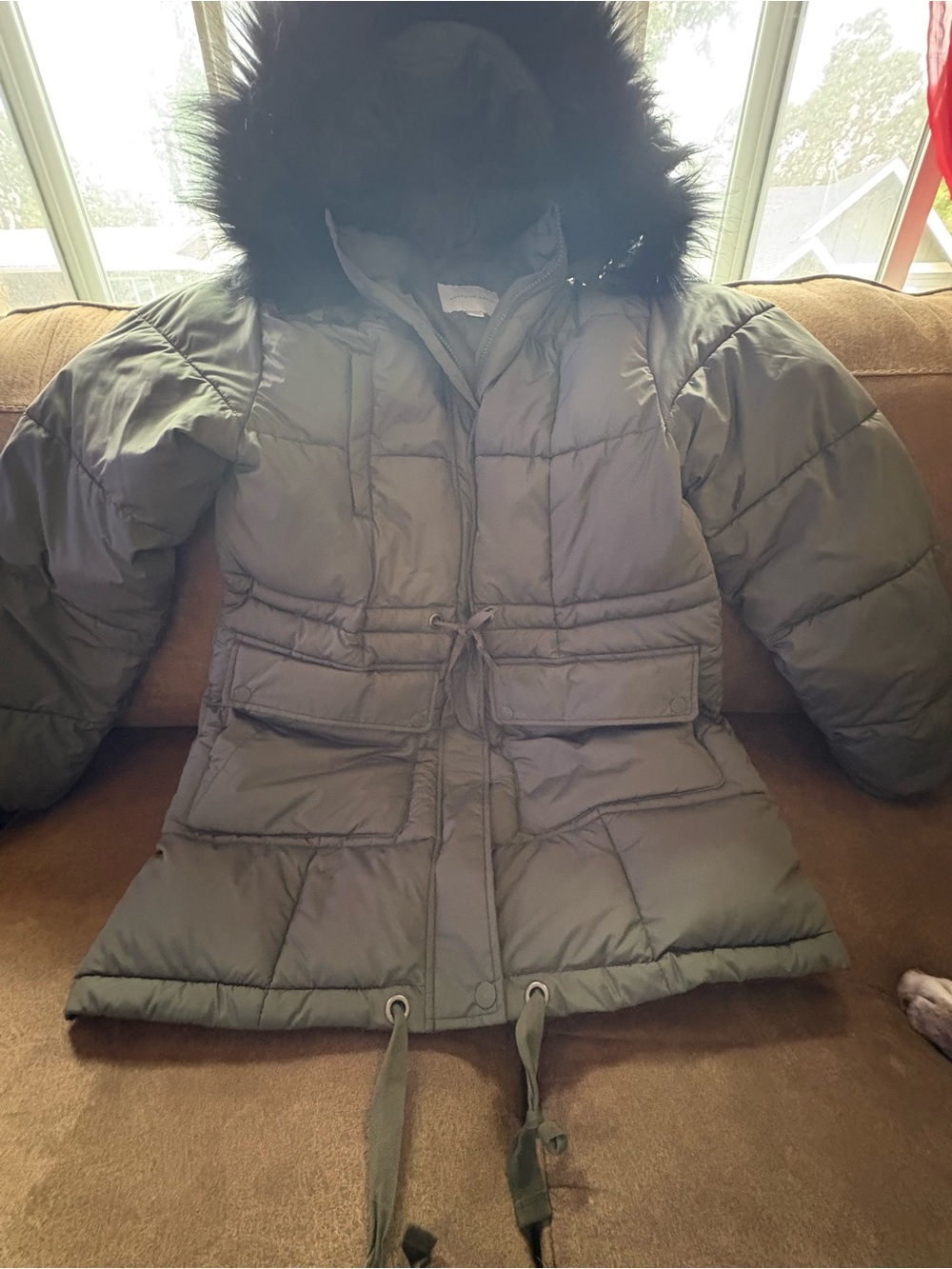 American Eagle Outfitters Olive Green Puffer Coat with Faux Fur Hood